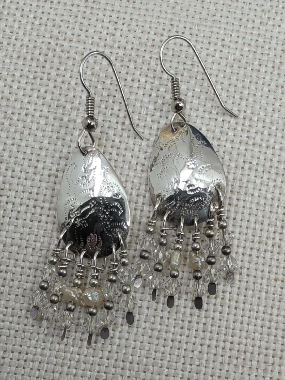 Vintage Artisan Hammered Silver Chandelier Earrings Crystal Bead Fringe 2.5